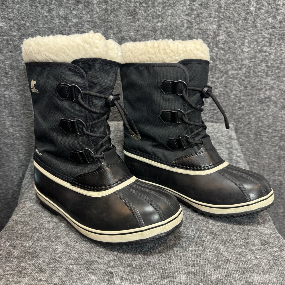 Sorel Waterproof Winter Snow Boots Black Sherpa Lined Drawstring Barely Used